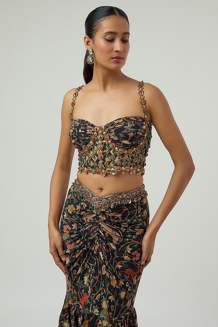 Black Georgette Kalamkari Printed Gathered Skirt Set by Rajat Tangri at Pernia's Pop Up Shop