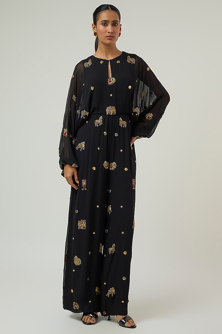 Black Georgette Hand Embroidered Jumpsuit by Rajat Tangri at Pernia's Pop Up Shop