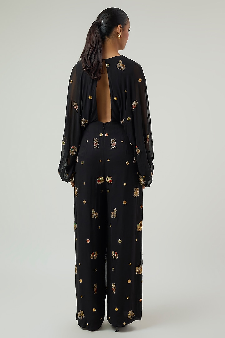 Black Georgette Hand Embroidered Jumpsuit by Rajat Tangri at Pernia's Pop Up Shop