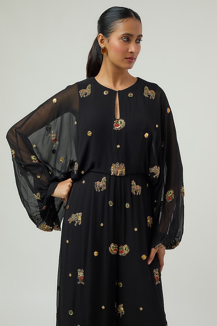 Black Georgette Hand Embroidered Jumpsuit by Rajat Tangri at Pernia's Pop Up Shop