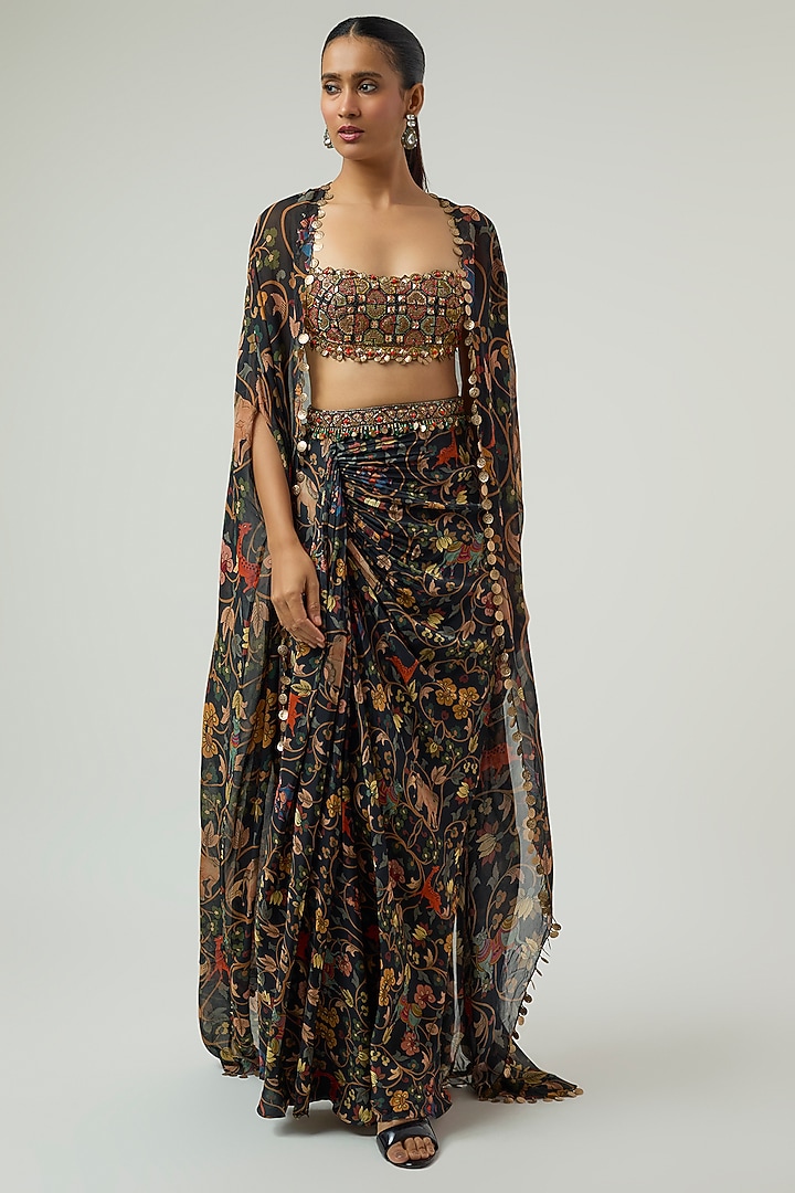 Black Crepe Printed Draped Skirt Set by Rajat Tangri at Pernia's Pop Up Shop