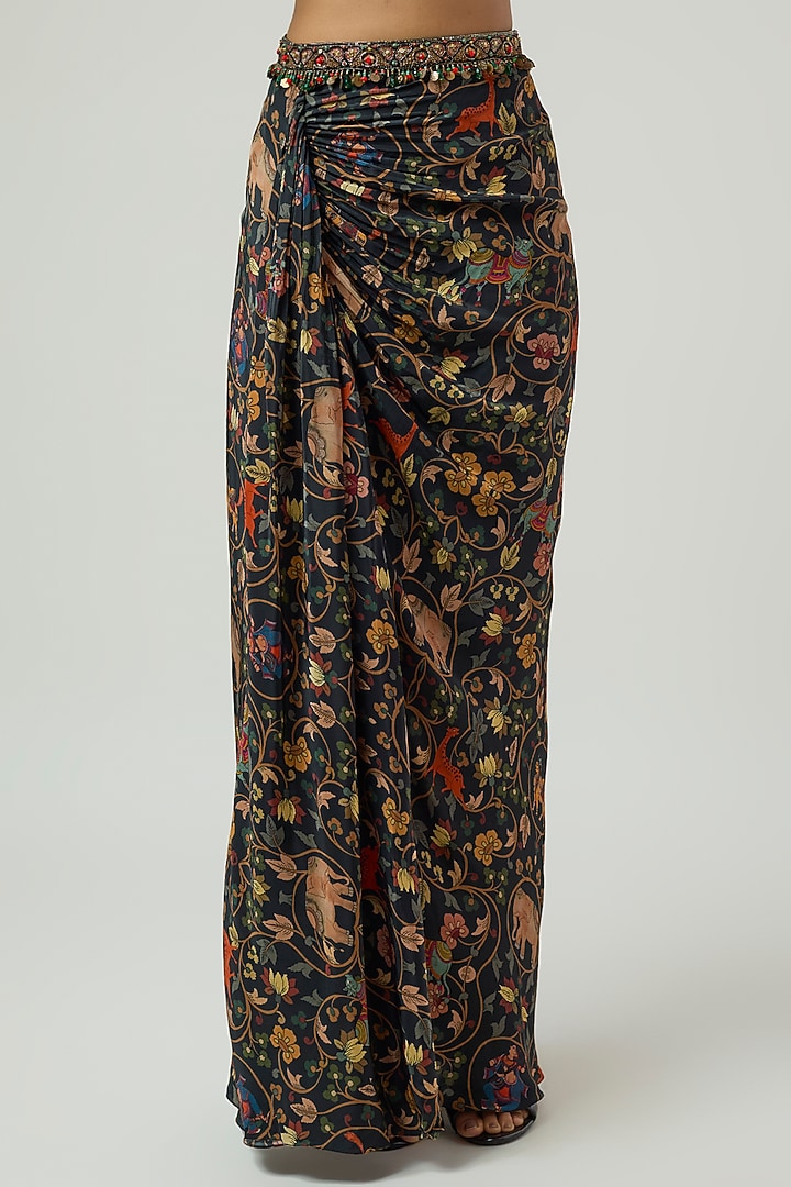 Black Crepe Printed Draped Skirt Set by Rajat Tangri at Pernia's Pop Up Shop