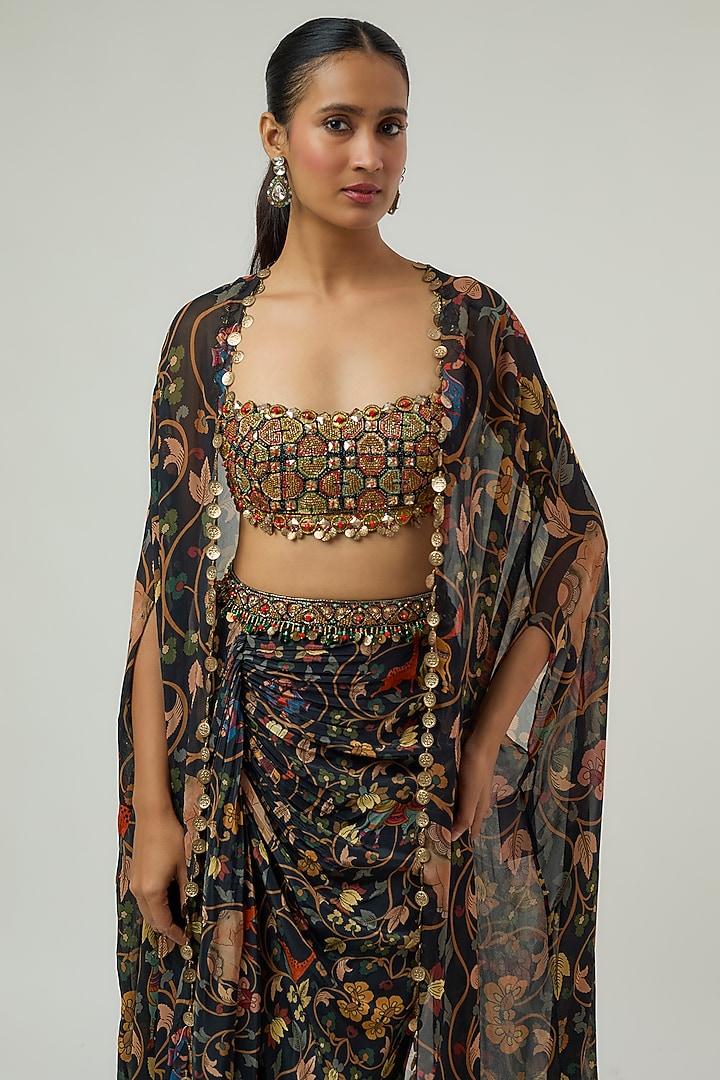 Black Crepe Printed Draped Skirt Set by Rajat Tangri at Pernia's Pop Up Shop