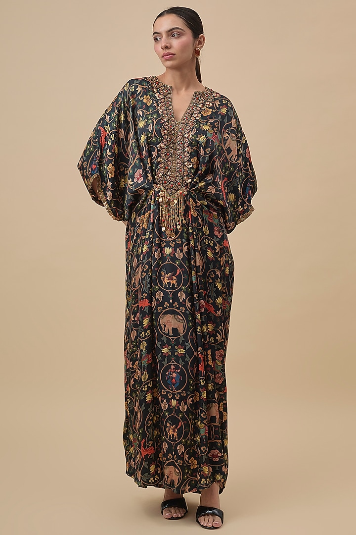 Black Modal Satin Kalamkari Printed Draped Long Kaftan by Rajat Tangri at Pernia's Pop Up Shop