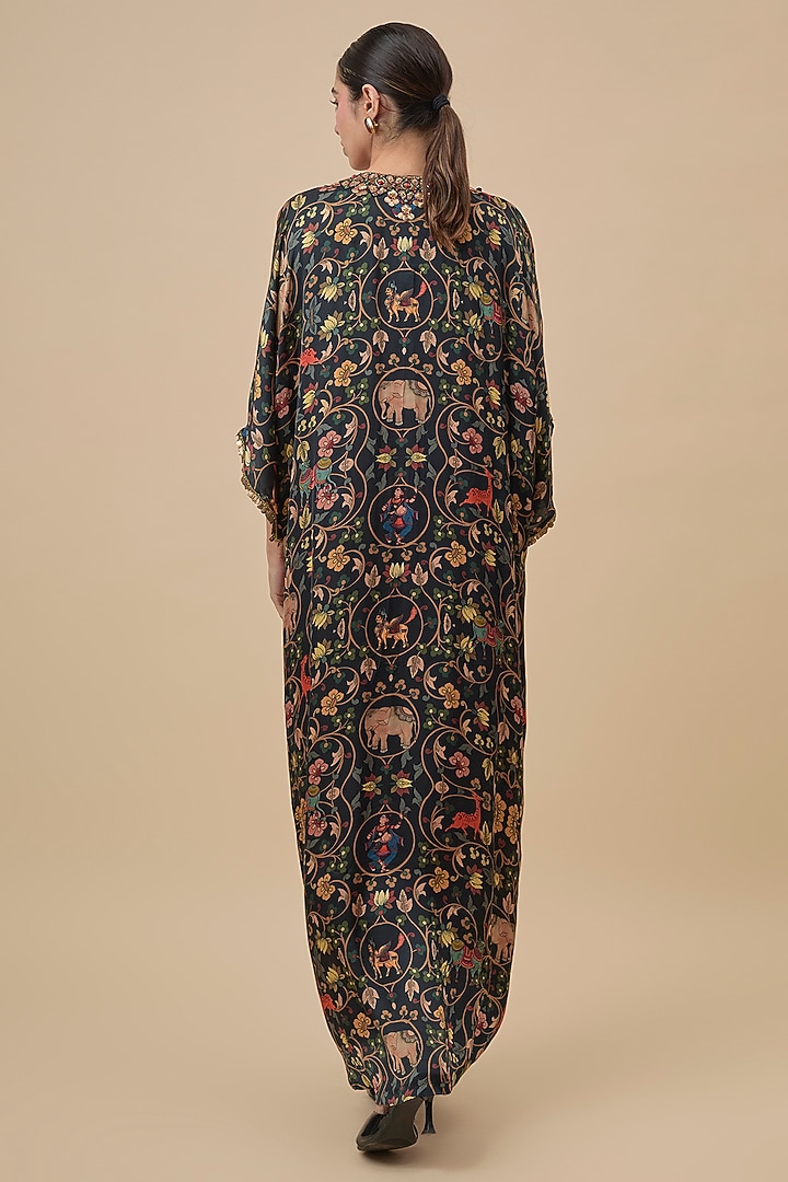 Black Modal Satin Kalamkari Printed Draped Long Kaftan by Rajat Tangri at Pernia's Pop Up Shop