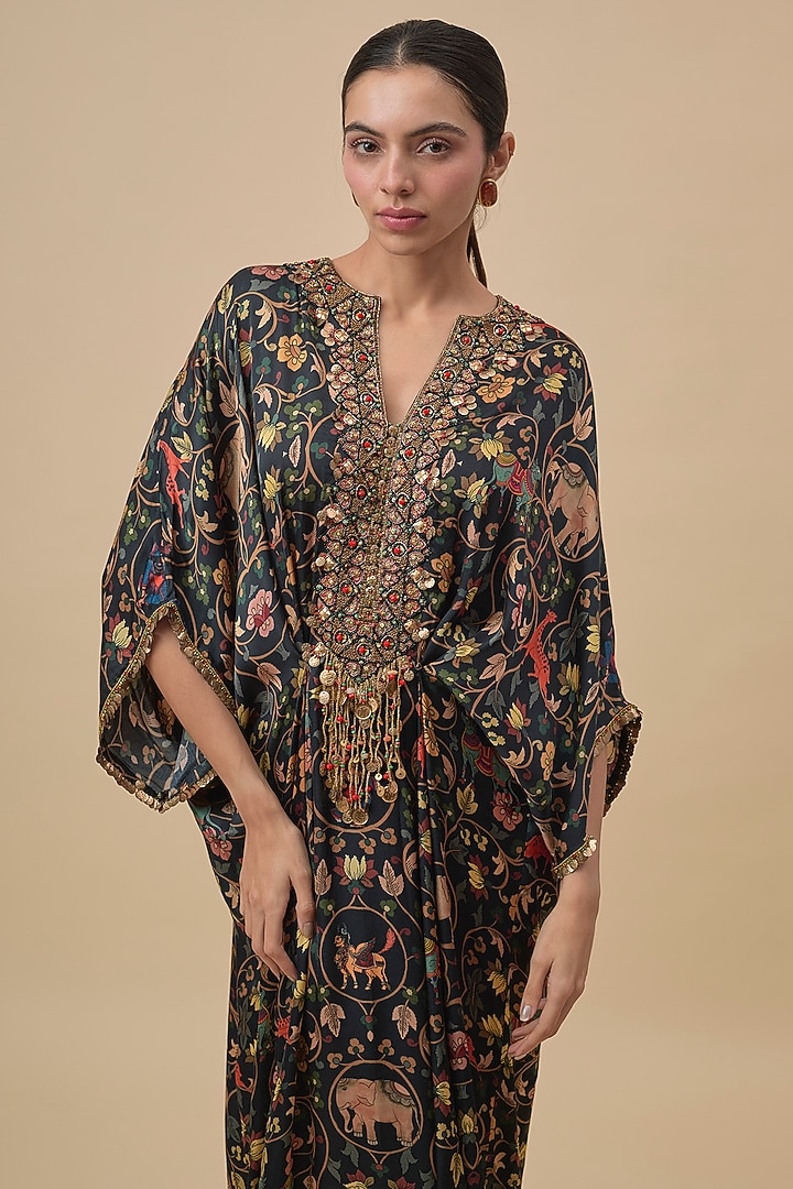Black Modal Satin Kalamkari Printed Draped Long Kaftan by Rajat Tangri at Pernia's Pop Up Shop