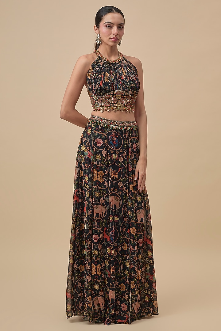 Black Crepe Printed Lehenga-Style Pant Set by Rajat Tangri at Pernia's Pop Up Shop