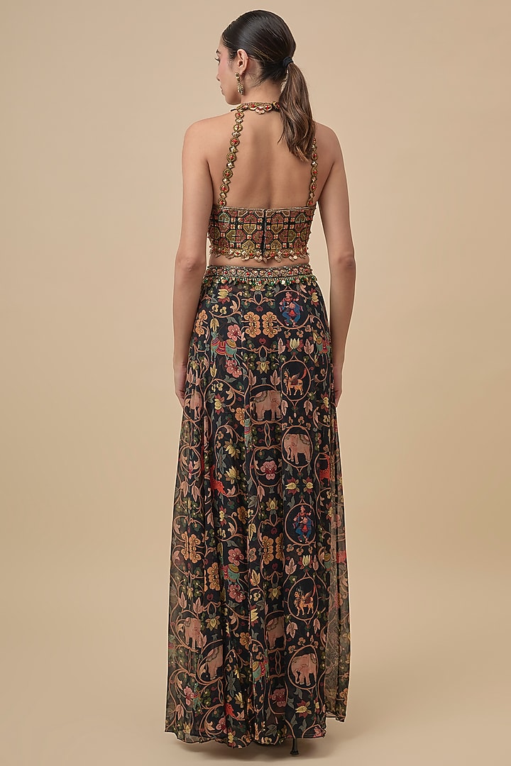 Black Crepe Printed Lehenga-Style Pant Set by Rajat Tangri at Pernia's Pop Up Shop