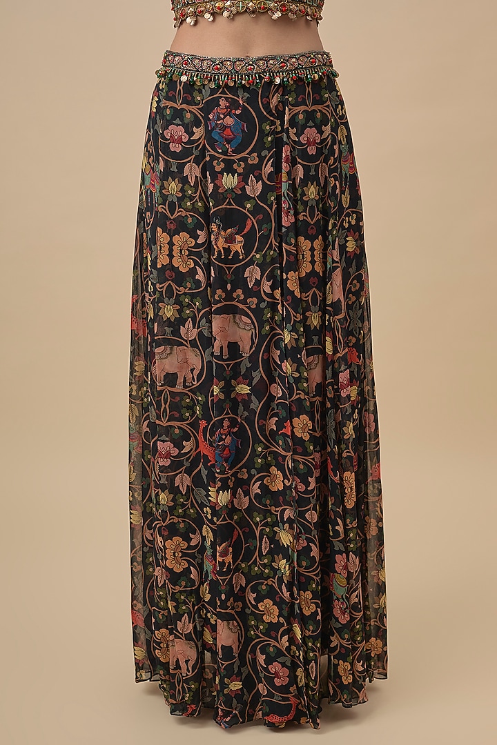Black Crepe Printed Lehenga-Style Pant Set by Rajat Tangri at Pernia's Pop Up Shop