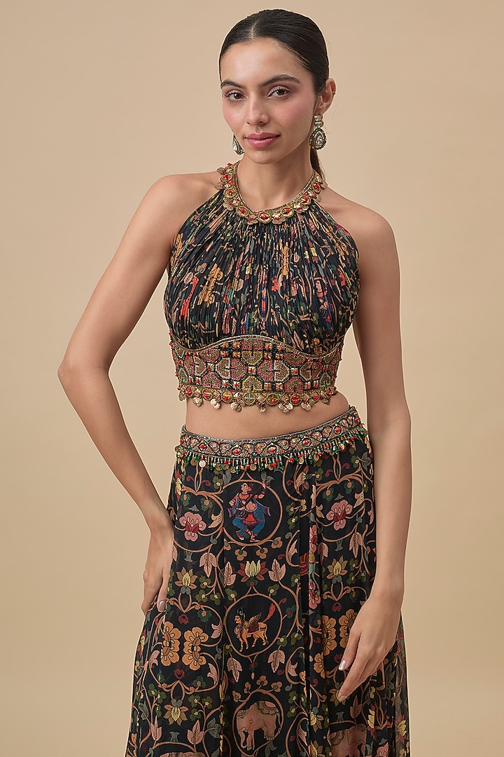 Black Crepe Printed Lehenga-Style Pant Set by Rajat Tangri at Pernia's Pop Up Shop