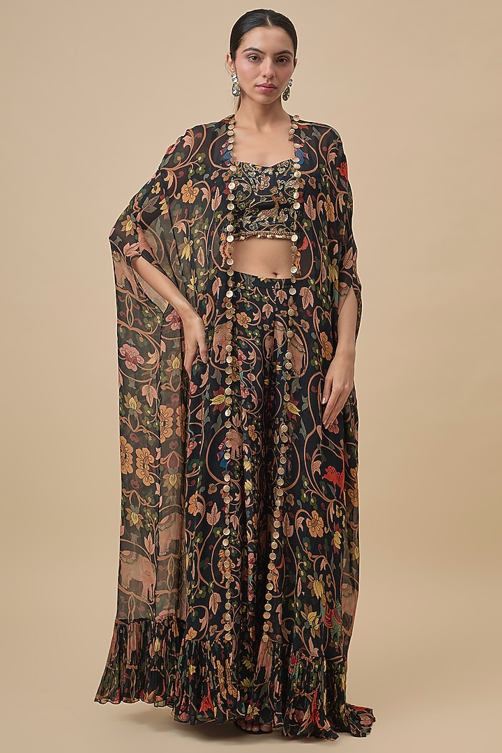 Black Georgette Printed Cape Set by Rajat Tangri at Pernia's Pop Up Shop