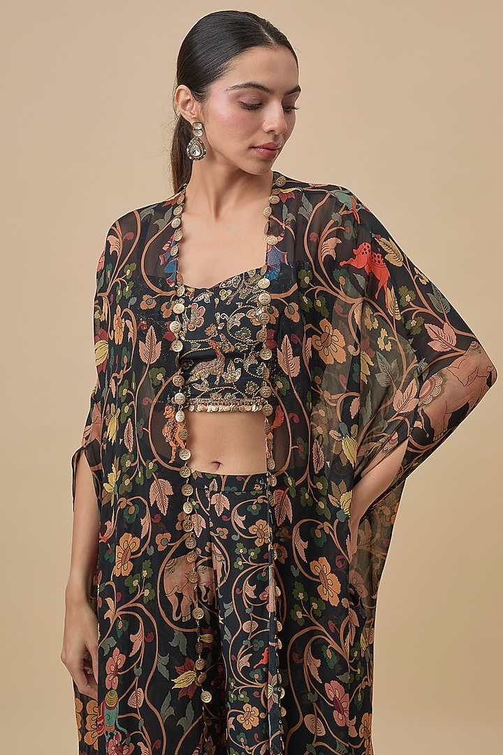 Black Georgette Printed Cape Set by Rajat Tangri at Pernia's Pop Up Shop