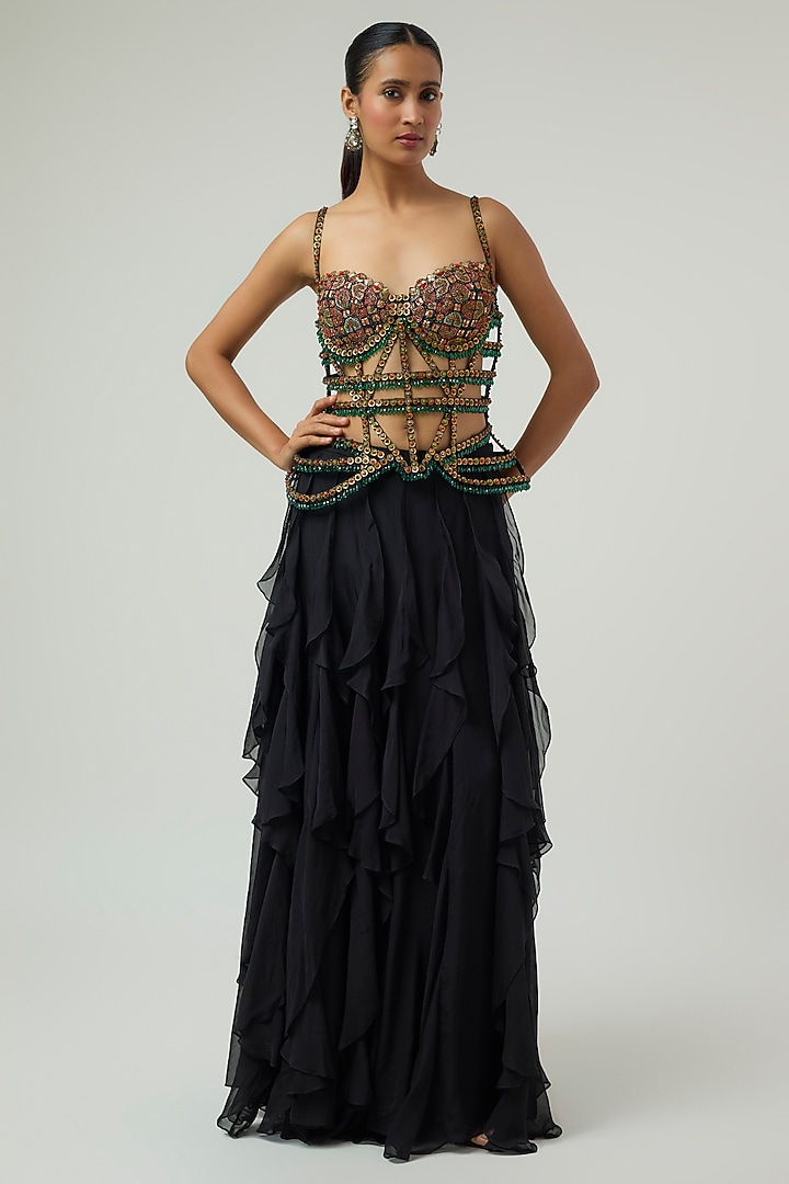 Black Organza Ruffled Skirt Set by Rajat Tangri at Pernia's Pop Up Shop