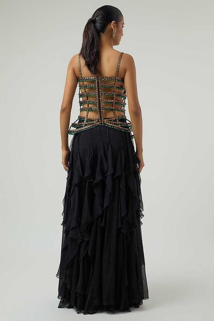 Black Organza Ruffled Skirt Set by Rajat Tangri at Pernia's Pop Up Shop