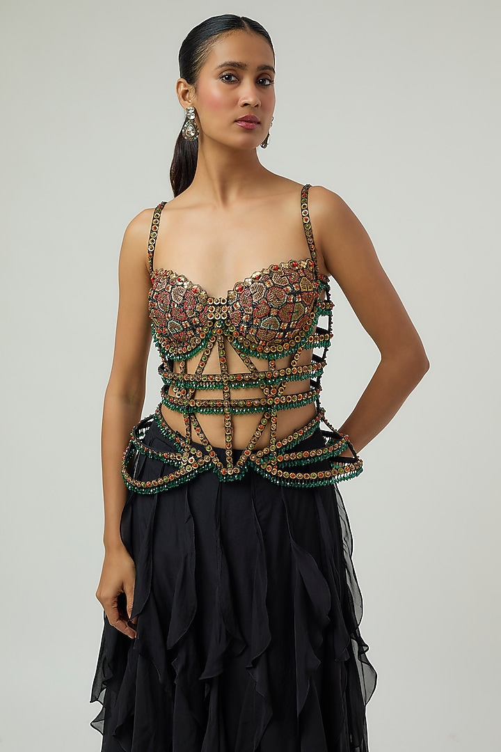 Black Organza Ruffled Skirt Set by Rajat Tangri at Pernia's Pop Up Shop