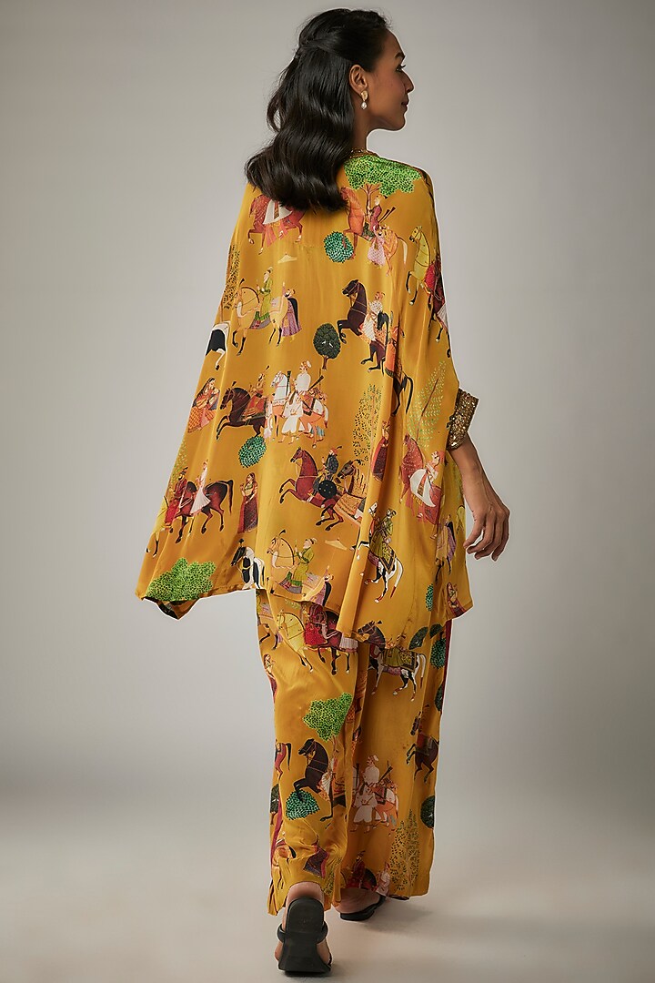 Mango Yellow Crepe Hand Embroidered Kaftan Set by Rajat tangri at Pernia's Pop Up Shop