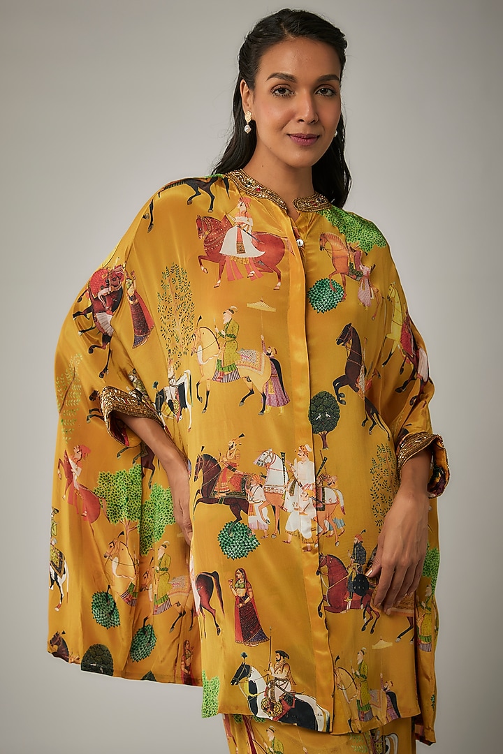 Mango Yellow Crepe Hand Embroidered Kaftan Set by Rajat tangri at Pernia's Pop Up Shop