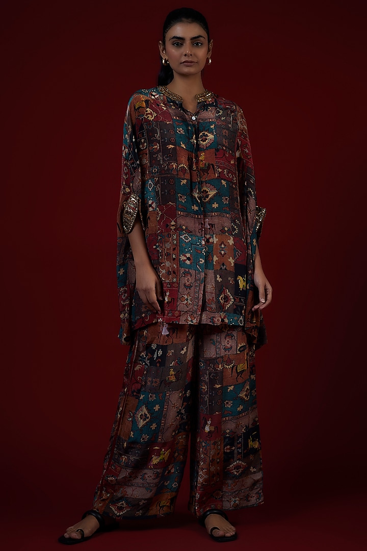 Multi-Colored Crepe Hand Embroidered Co-Ord Set by Rajat tangri  at Pernia's Pop Up Shop