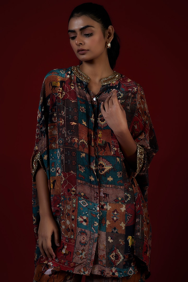 Multi-Colored Crepe Hand Embroidered Co-Ord Set by Rajat tangri at Pernia's Pop Up Shop