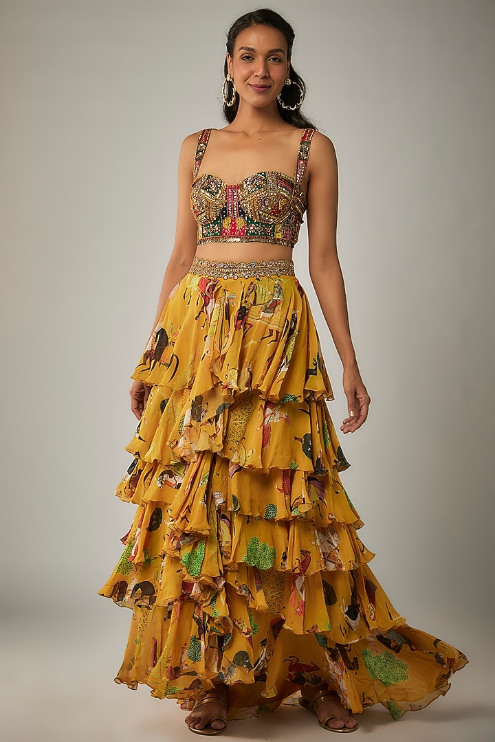 Mango Yellow Georgette Ruffled Wedding Lehenga Set by Rajat tangri at Pernia's Pop Up Shop