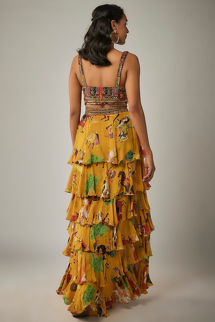Mango Yellow Georgette Ruffled Wedding Lehenga Set by Rajat tangri at Pernia's Pop Up Shop