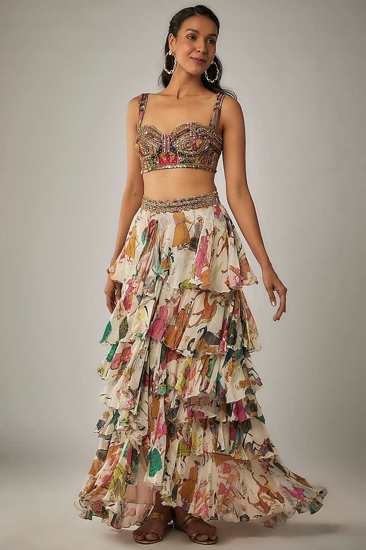 Ivory Georgette Ruffled Wedding Lehenga Set by Rajat tangri at Pernia's Pop Up Shop
