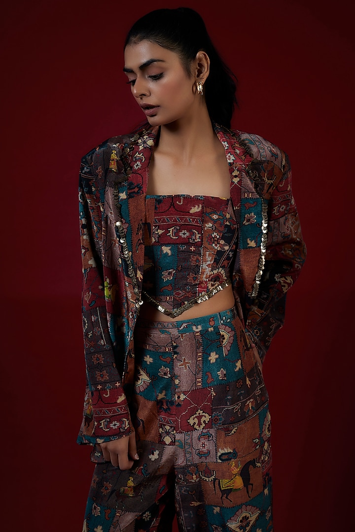 Multi-Colored Crepe Hand Embroidered Jacket Set by Rajat tangri at Pernia's Pop Up Shop