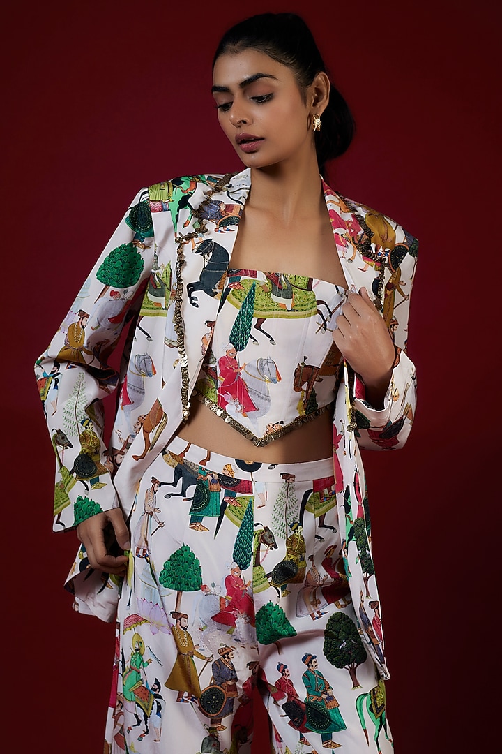 Ivory Crepe Hand Embroidered Jacket Set by Rajat tangri  at Pernia's Pop Up Shop