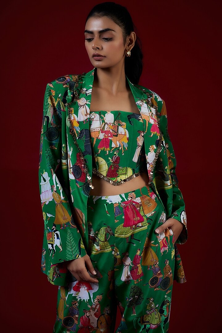 Green Crepe Hand Embroidered Jacket Set by Rajat tangri at Pernia's Pop Up Shop
