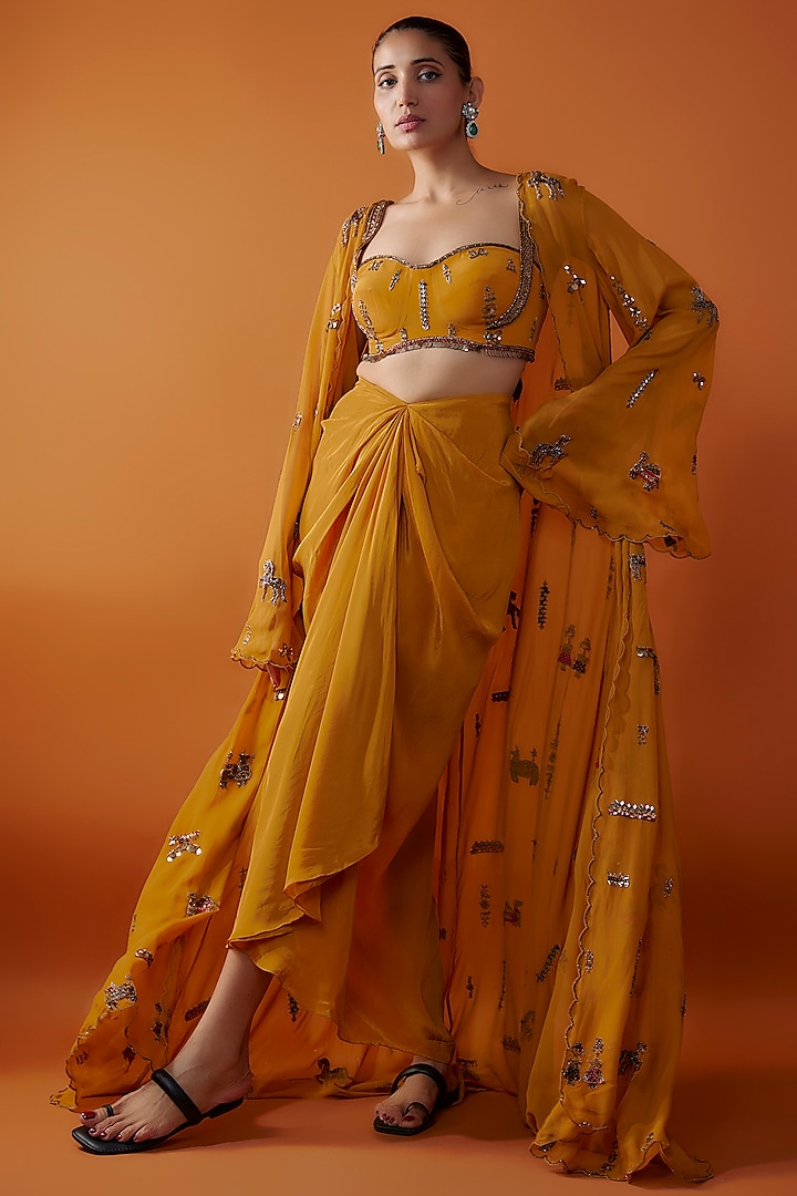 Yellow Georgette Hand Embroidered Cape Set by Rajat tangri  at Pernia's Pop Up Shop