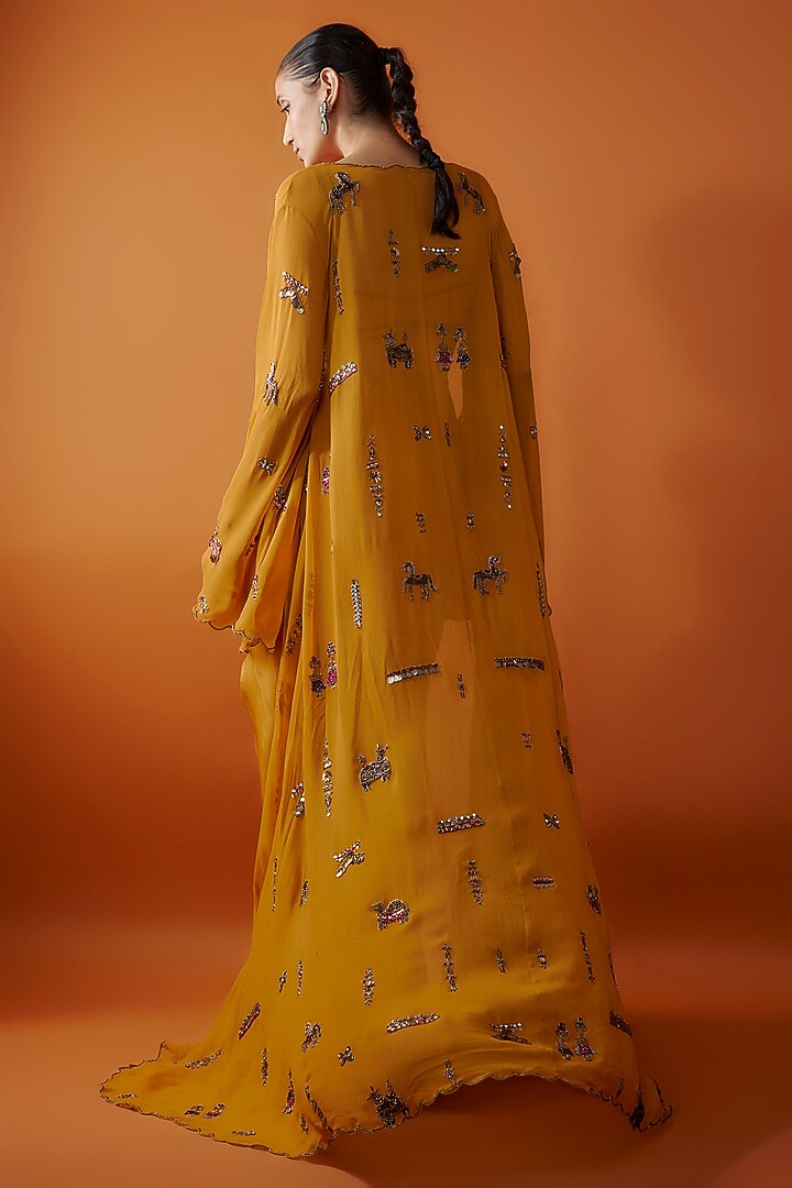 Yellow Georgette Hand Embroidered Cape Set by Rajat tangri at Pernia's Pop Up Shop
