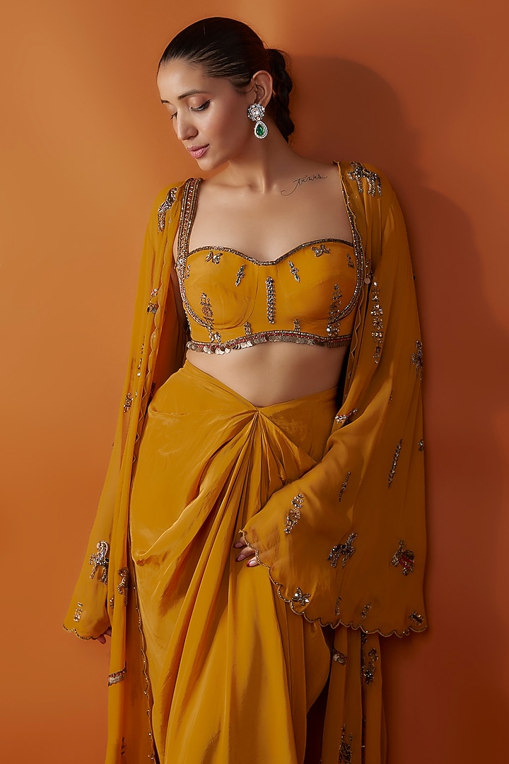 Yellow Georgette Hand Embroidered Cape Set by Rajat tangri at Pernia's Pop Up Shop