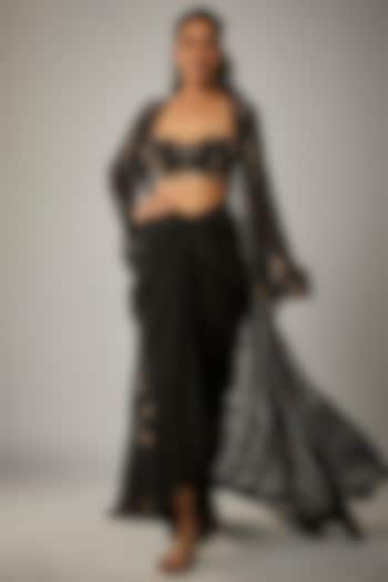 Black Crepe Draped Skirt Set by Rajat tangri  at Pernia's Pop Up Shop