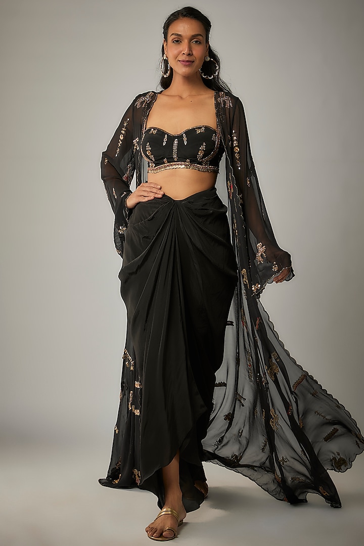 Black Crepe Draped Skirt Set by Rajat tangri  at Pernia's Pop Up Shop