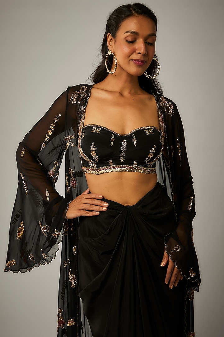 Black Crepe Draped Skirt Set by Rajat tangri  at Pernia's Pop Up Shop