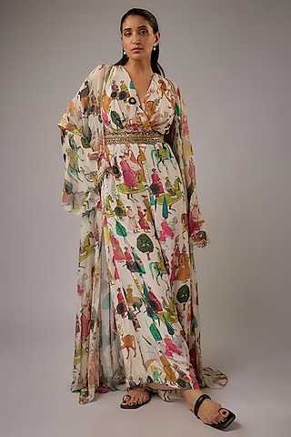 Ivory Crepe Printed Jumpsuit With Cape by Rajat tangri 