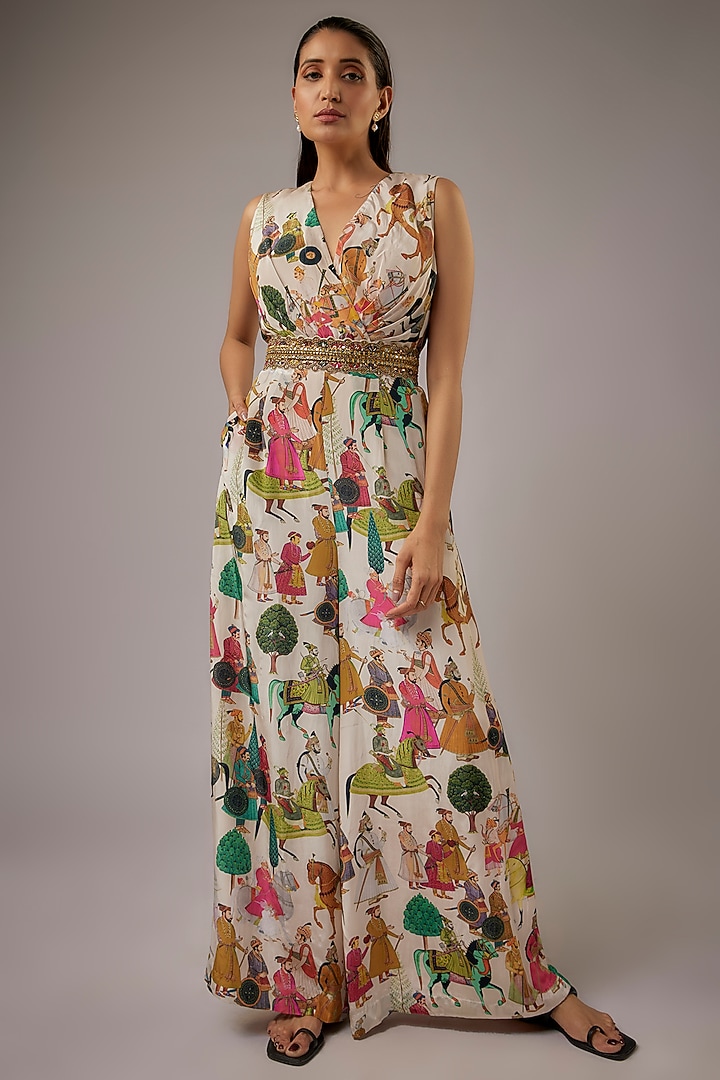 Ivory Crepe Printed Jumpsuit With Cape by Rajat tangri  at Pernia's Pop Up Shop