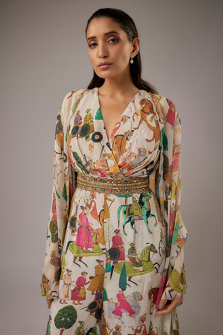 Ivory Crepe Printed Jumpsuit With Cape by Rajat tangri  at Pernia's Pop Up Shop
