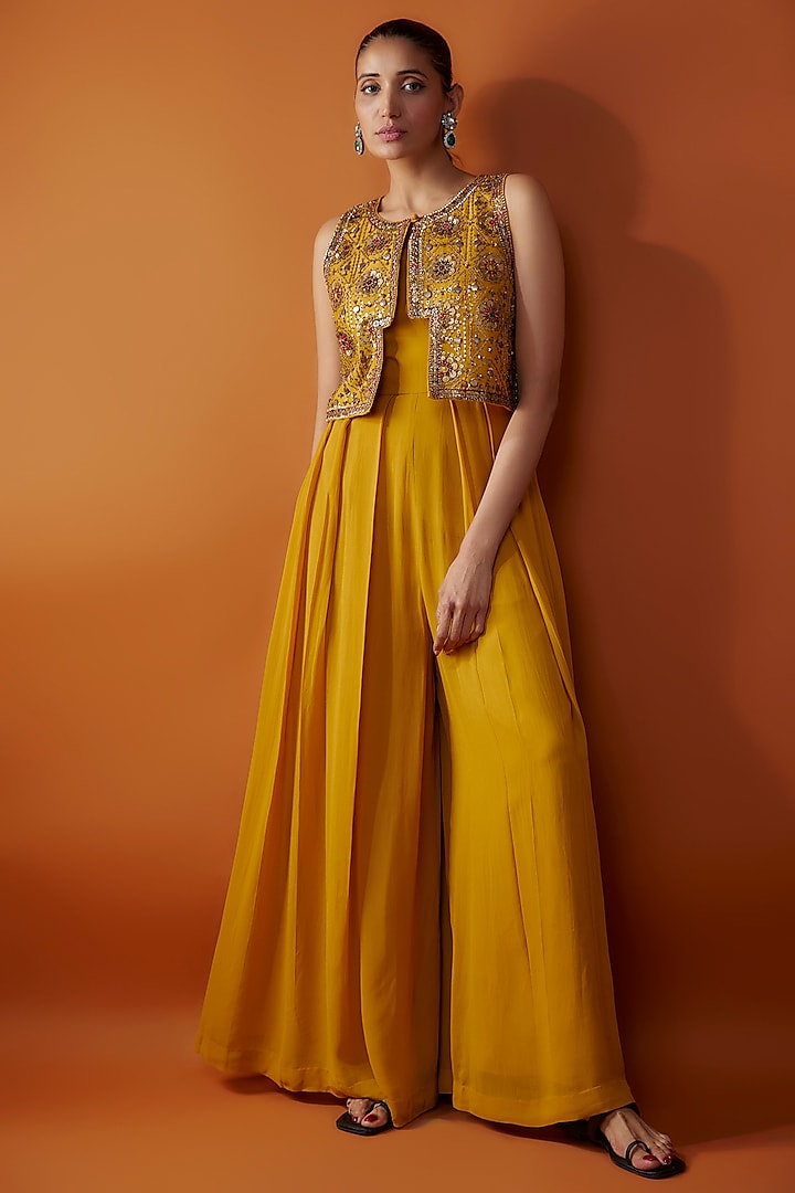 Yellow Chanderi Hand Embroidered Short Jacket Set by Rajat tangri 
