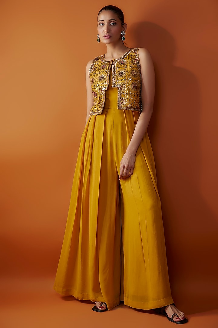 Yellow Chanderi Hand Embroidered Short Jacket Set by Rajat tangri  at Pernia's Pop Up Shop