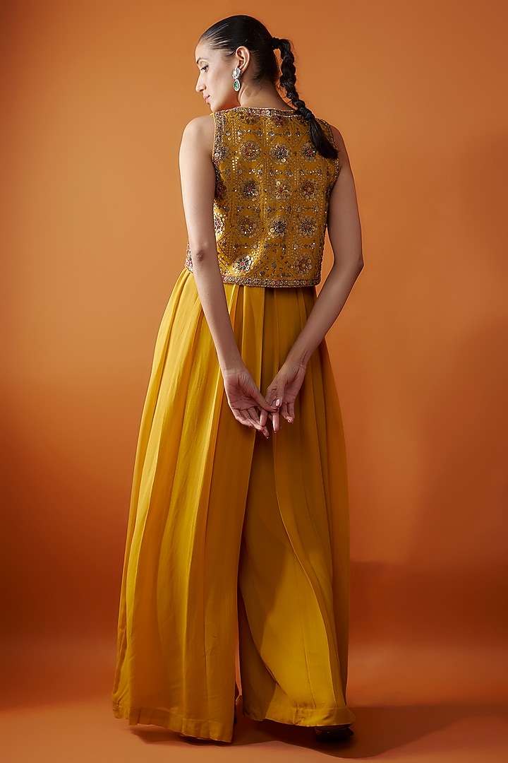 Yellow Chanderi Hand Embroidered Short Jacket Set by Rajat tangri  at Pernia's Pop Up Shop