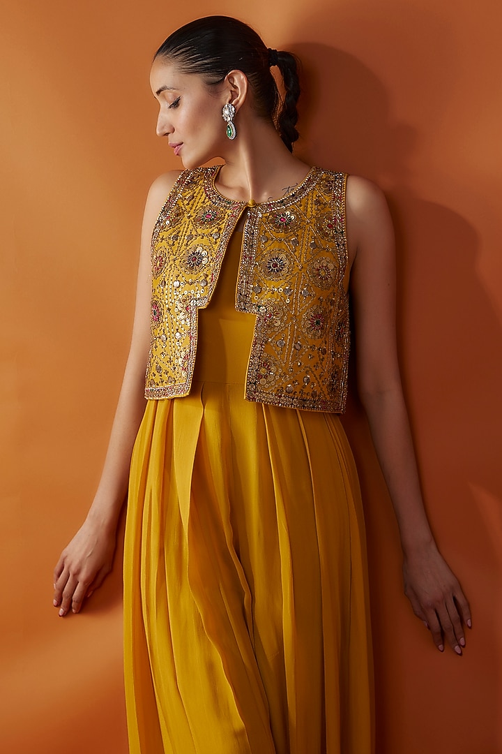 Yellow Chanderi Hand Embroidered Short Jacket Set by Rajat tangri  at Pernia's Pop Up Shop