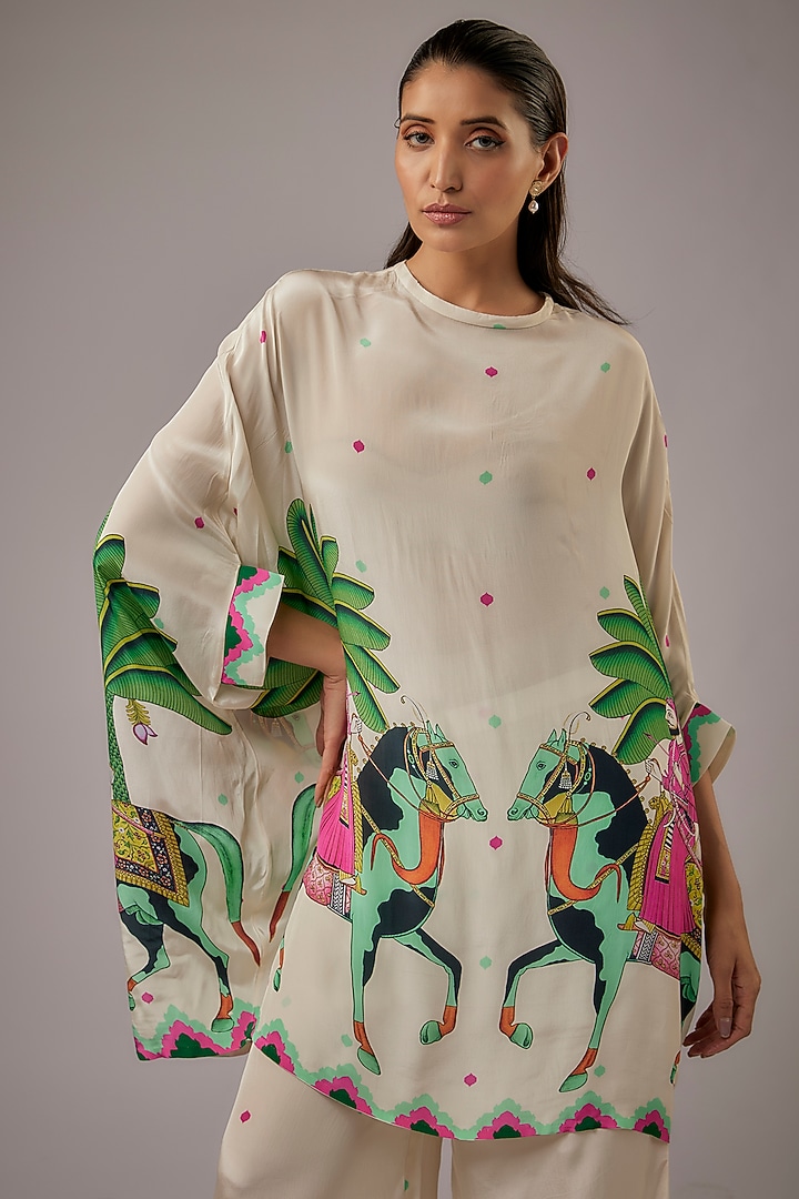 Ivory Crepe Printed Kaftan Set by Rajat tangri at Pernia's Pop Up Shop