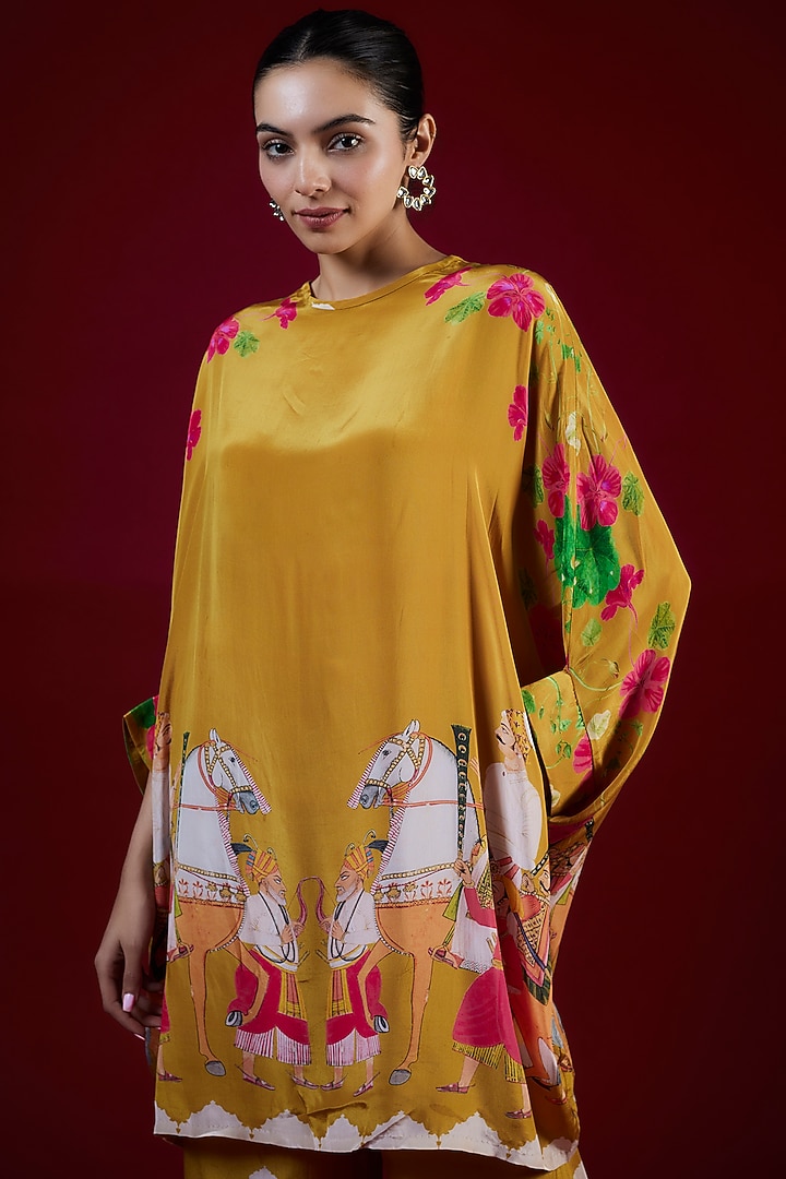 Mustard Crepe Kaftan Set by Rajat tangri at Pernia's Pop Up Shop