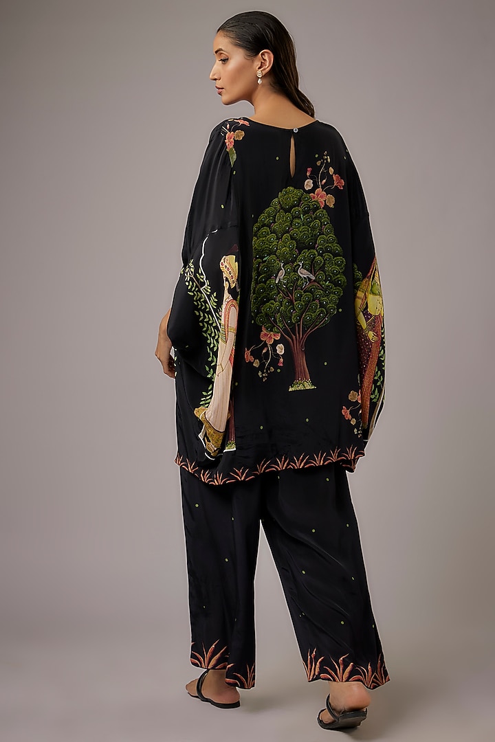 Black Crepe Printed Kaftan Set by Rajat tangri at Pernia's Pop Up Shop