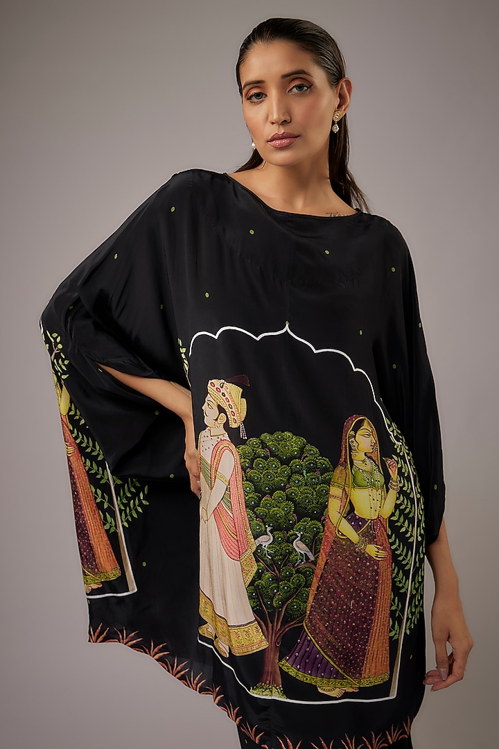 Black Crepe Printed Kaftan Set by Rajat tangri at Pernia's Pop Up Shop
