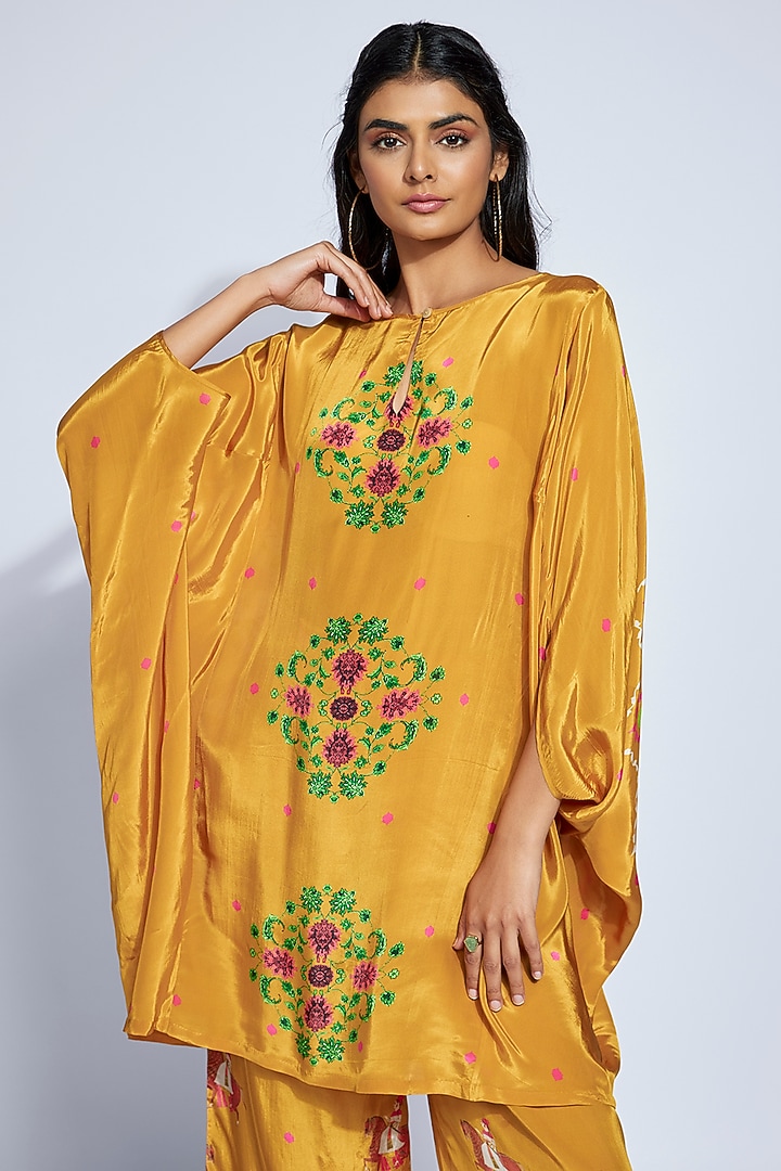 Mustard Crepe Kite Kaftan Set by Rajat tangri  at Pernia's Pop Up Shop