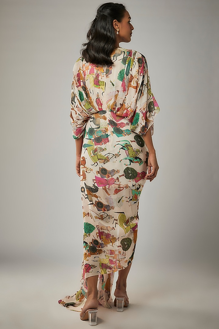 Ivory Georgette Mughal Printed & Hand Embroidered Draped Cocktail Dress by Rajat tangri at Pernia's Pop Up Shop