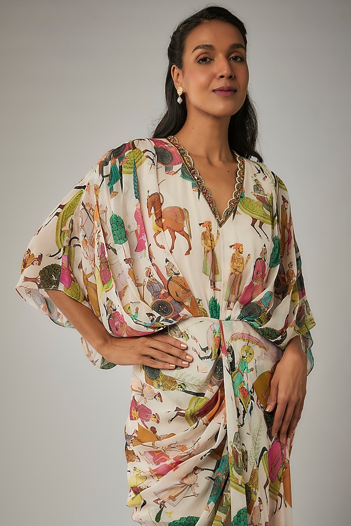 Ivory Georgette Mughal Printed & Hand Embroidered Draped Cocktail Dress by Rajat tangri at Pernia's Pop Up Shop