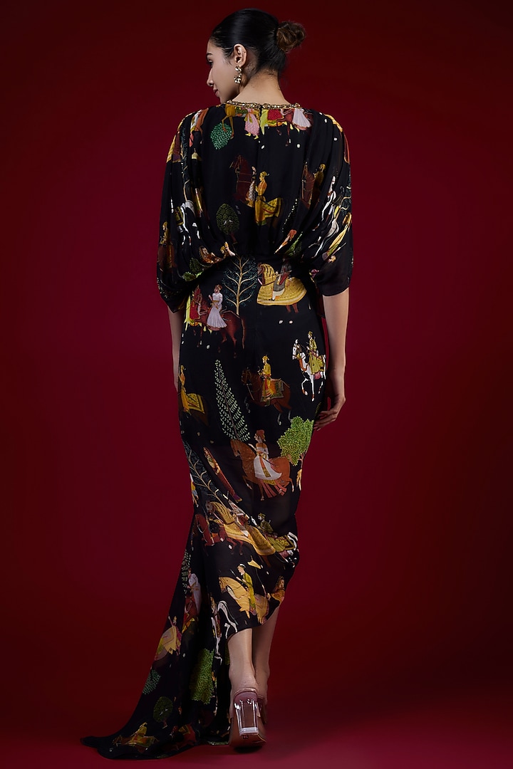 Black Georgette Mugal Printed & Hand Embroidered Draped Cocktail Dress by Rajat tangri at Pernia's Pop Up Shop
